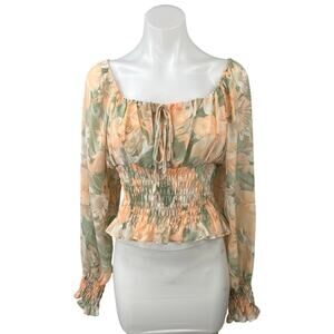Lena Green Orange Coral Floral Long Sleeve Smocked Cropped Blouse Top Size S
